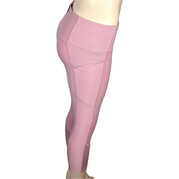 RBX L Pink Stretch Waist Wicking 4 Way Stretch Fold Cell Pockets Capri Leggings - Picture 3 of 7